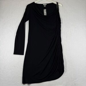 Cache Womens Black‎ One Shoulder Ruched Knit Tunic Shirt Chain Detail Size L NEW